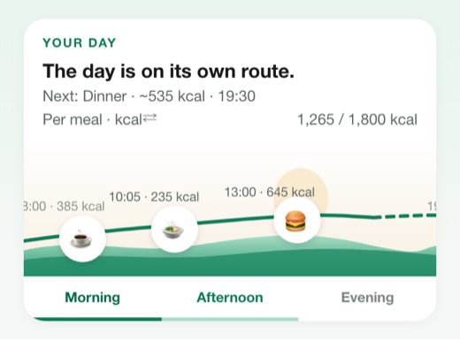 Lento.fit “Your day” card: the day’s route with the next meal and calories per meal