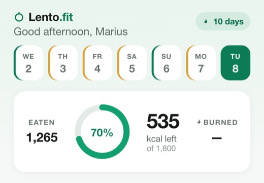 Lento.fit calorie ring: eaten, calories left of the daily target