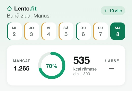 Cercul de calorii din Lento.fit: mâncat, calorii rămase din ținta zilnică